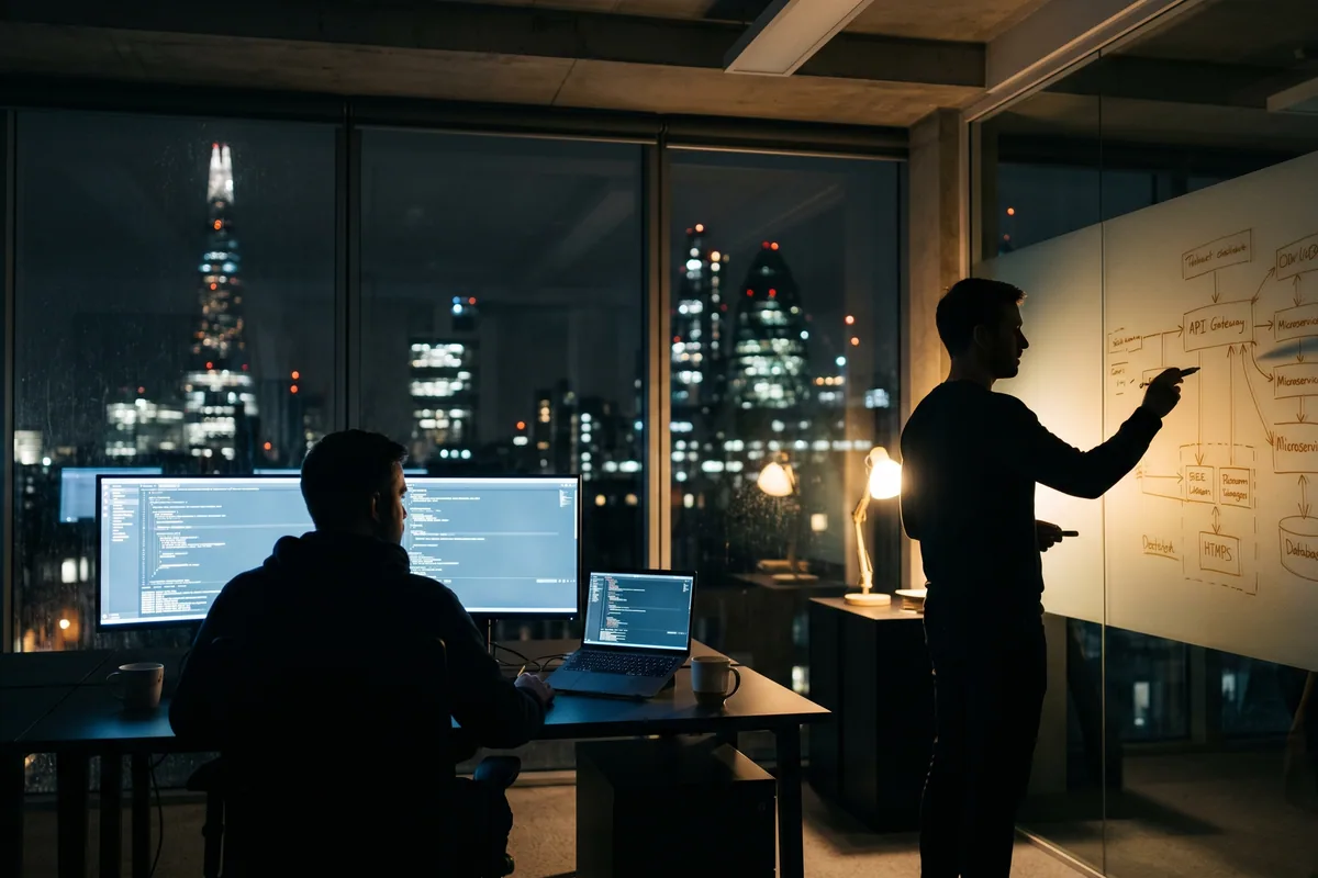 ZenoLane engineers reviewing system architecture in a London studio at night